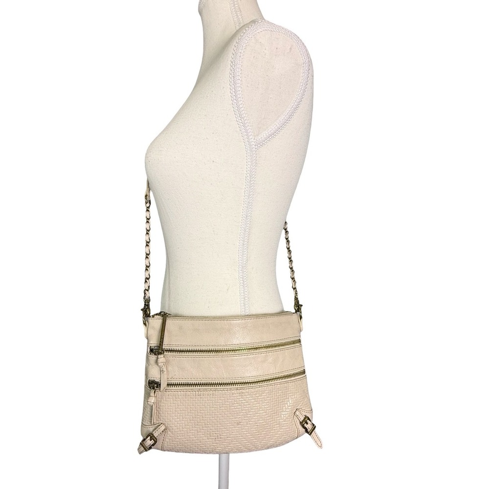 Elliott Lucca Cream Leather Crossbody Bag Triple Zip Chain Strap Woven Small Y2K